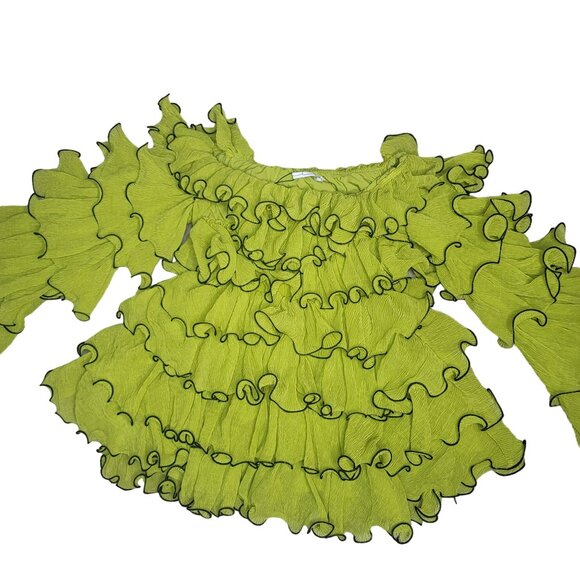 By Egreis NWT Ruffle Off-The-Shoulder romper Chartreuse Green whimsical Small - Picture 6 of 7